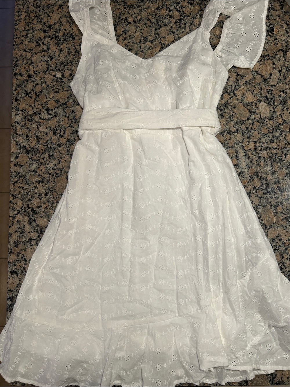 White Eyelet Midi Dress with Waist Tie and Ruffle Hem